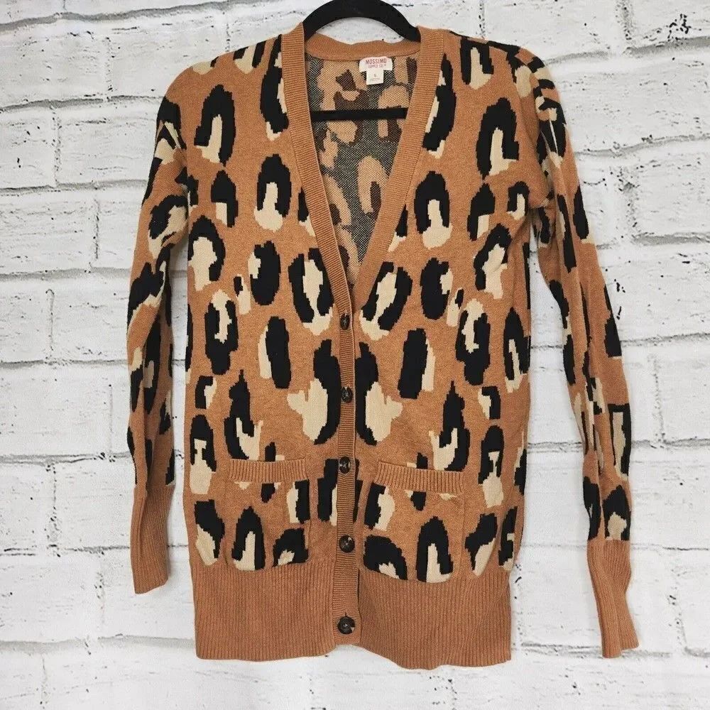 Mossimo Cardigan Sweater Women's Small Brown Animal Print Button Long Sleeve
